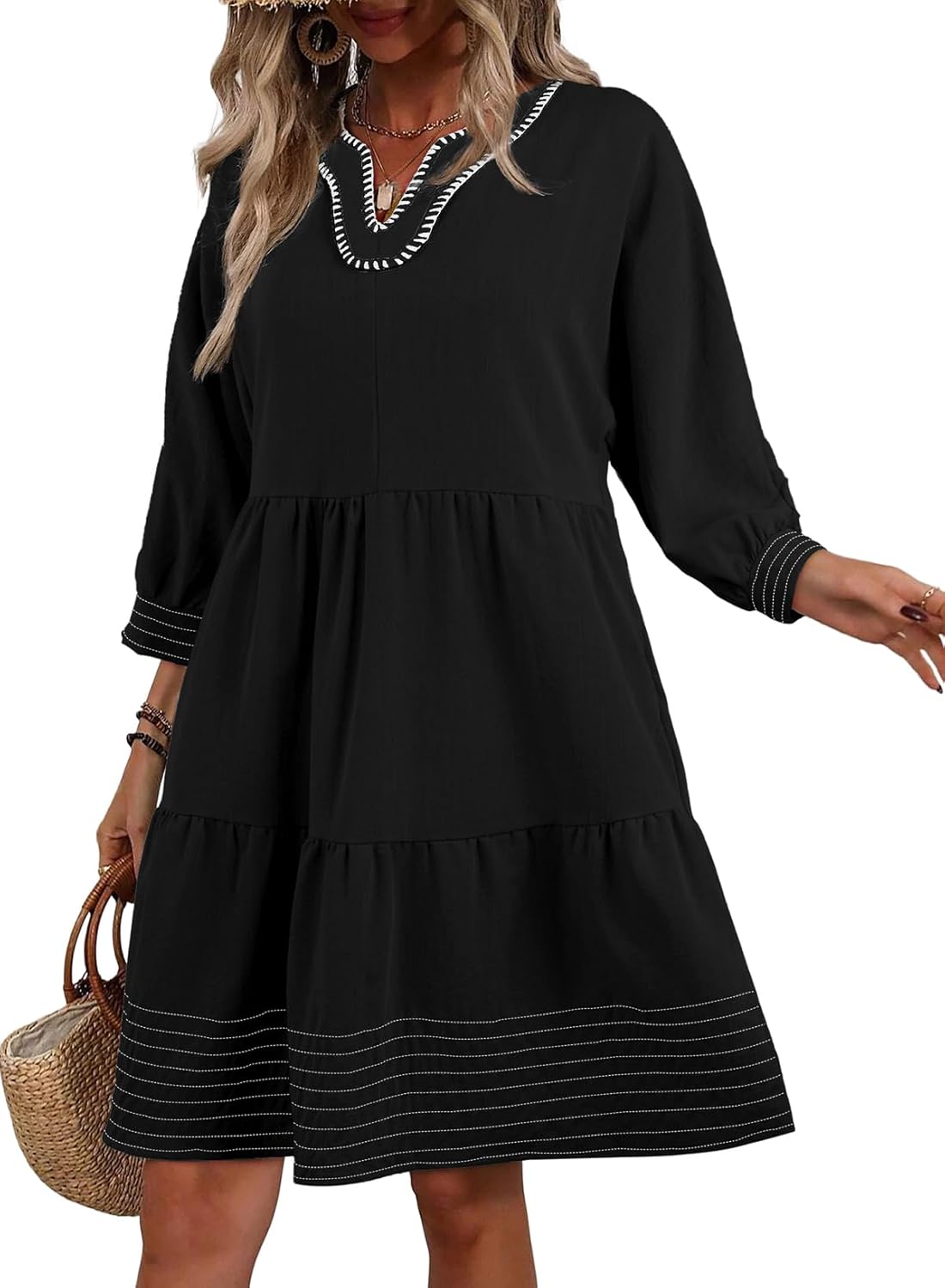 BLENCOT Women's Boho V-Neck Tiered Babydoll Dress