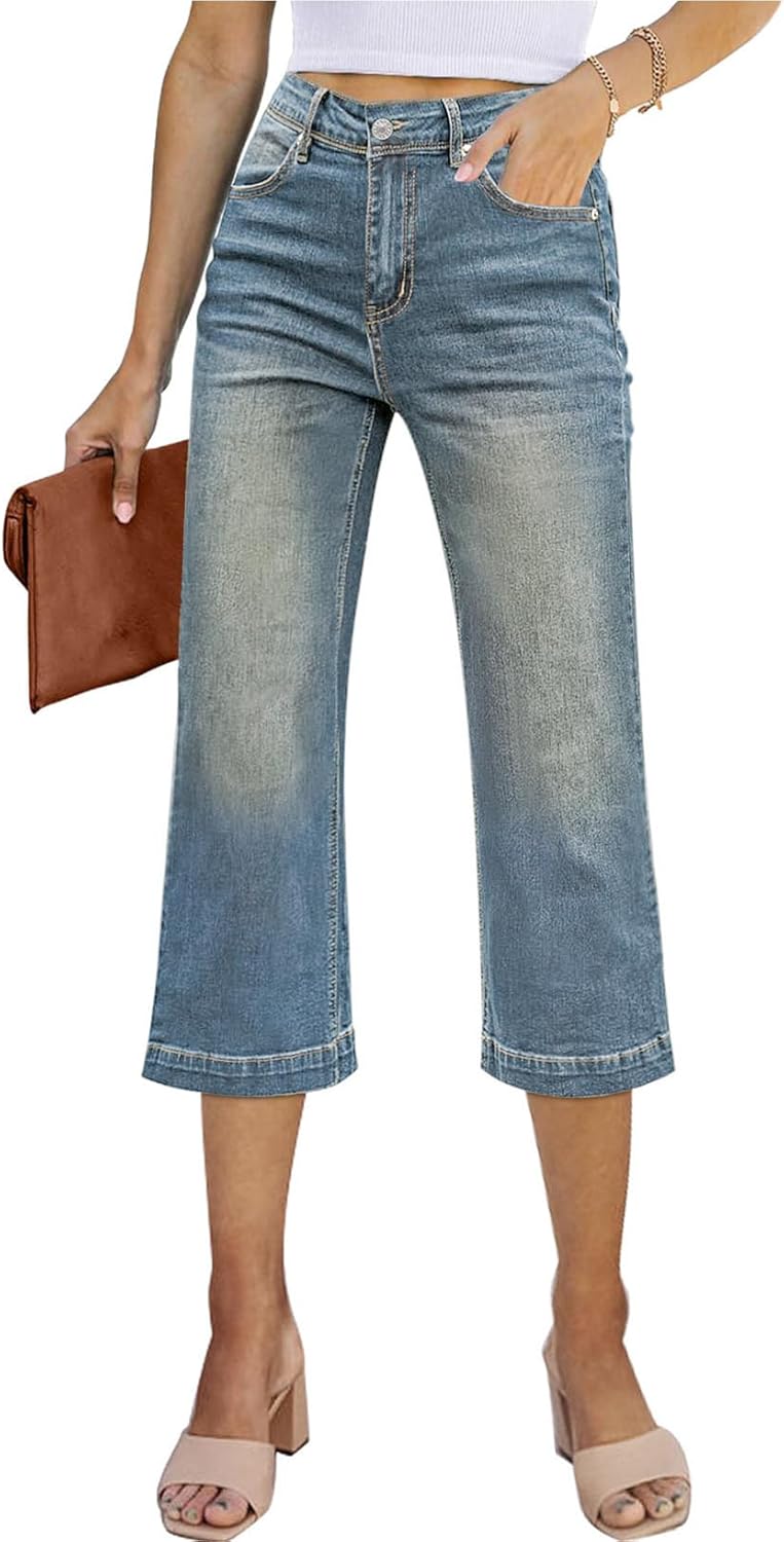 Sidefeel High-Waist Stretch Wide-Leg Capri Jeans