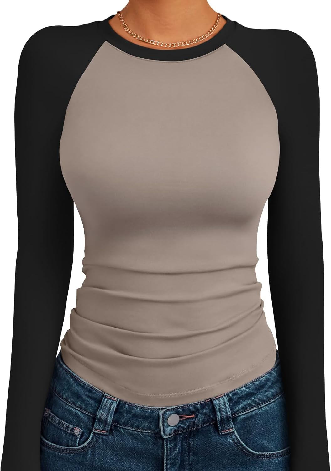 Womens Long Sleeve Slim Fit Stretch Colorblock Cropped Top