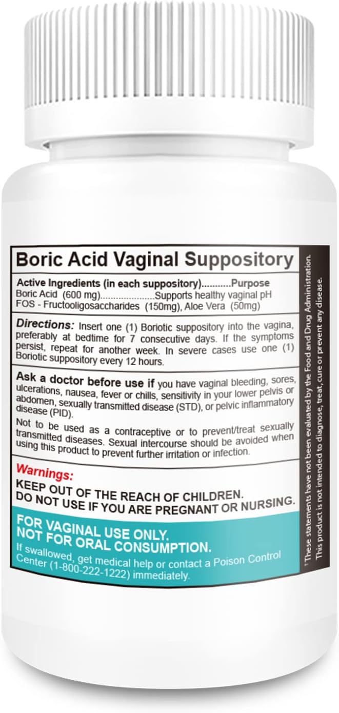 Boric Acid Vaginal Suppositories with Aloe Vera & Prebiotic, 30 Count
