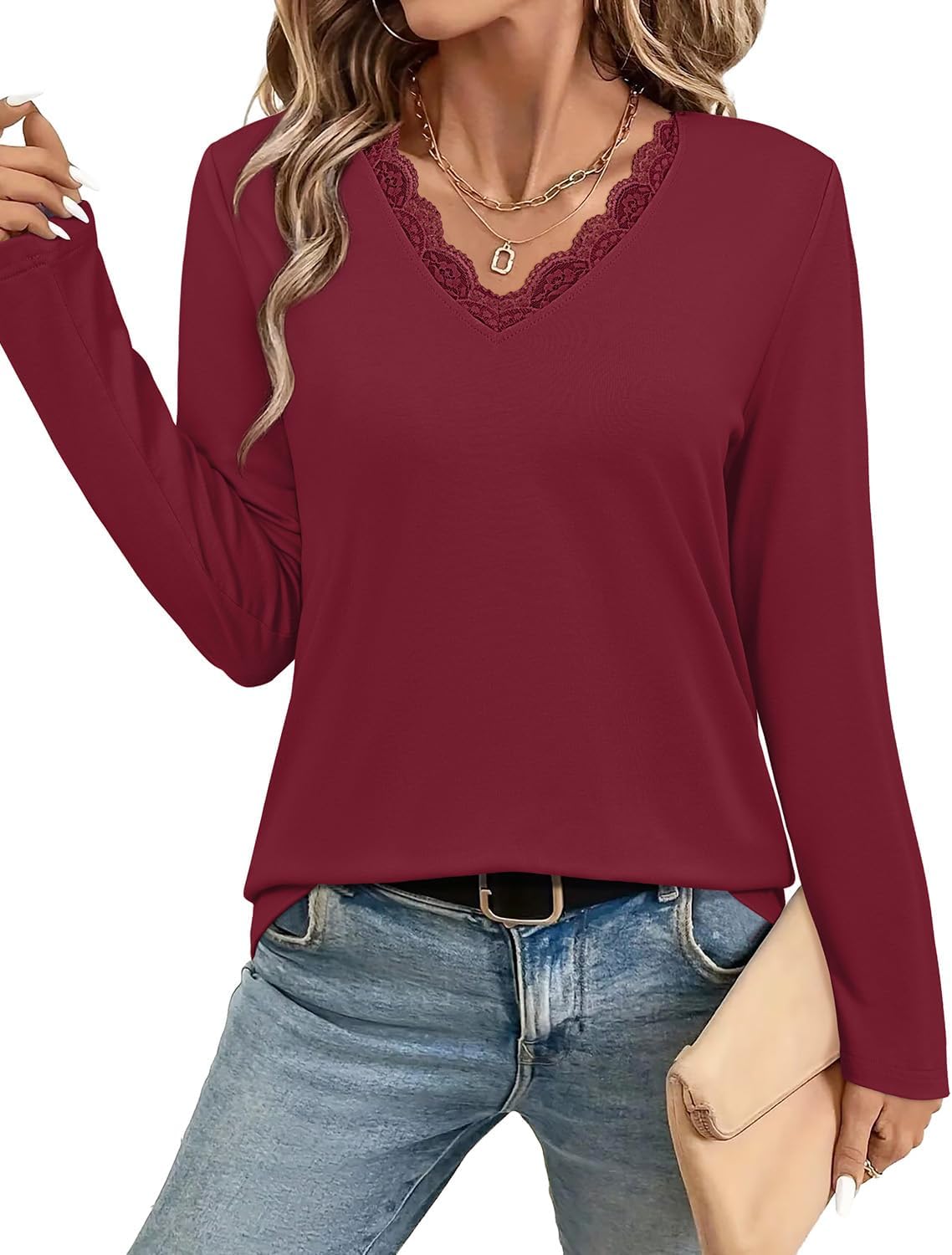 Lace V-Neck Long Sleeve Tunic Top for Women