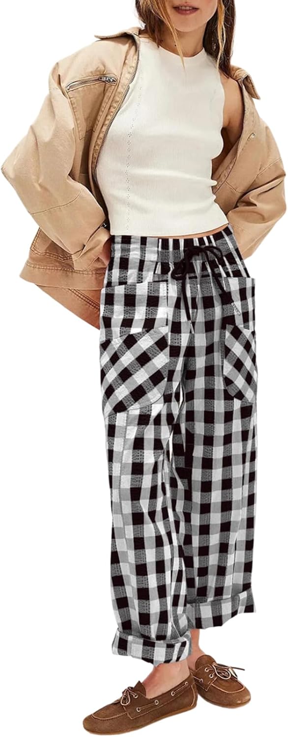 Acelitt Loose Drawstring Checkered Pants with Pockets