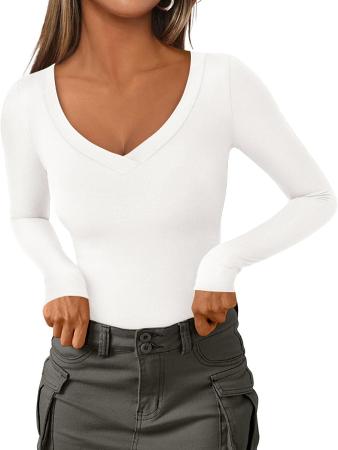 Womens Long Sleeve V Neck Slim Fit Basic Tee Top Casual 2026
