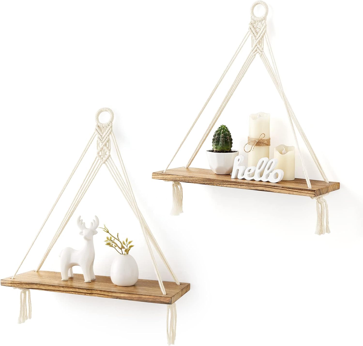 Macrame Hanging Shelves Set of 2 Rustic Wood Floating Shelves
