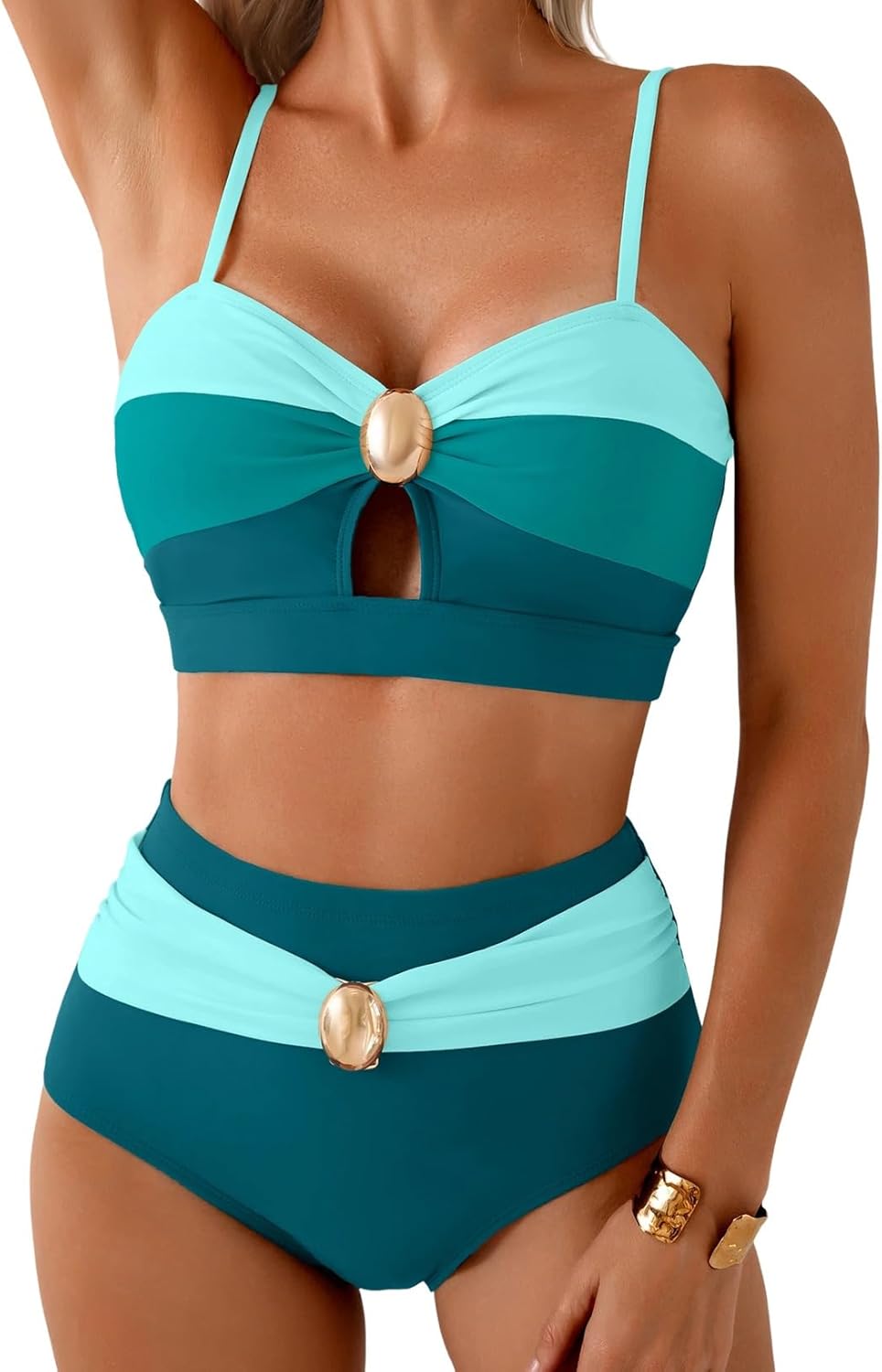 Herseas Women's Colorblock High-Waist Bikini with Oval Metal Detail