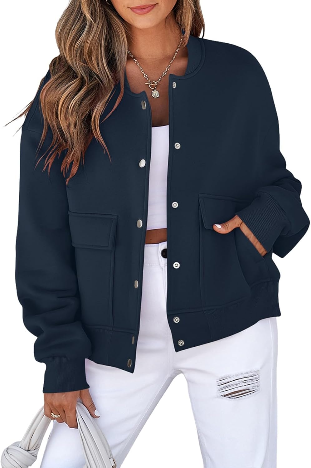 EVALESS Women's Lightweight Long-Sleeve Crop Shacket