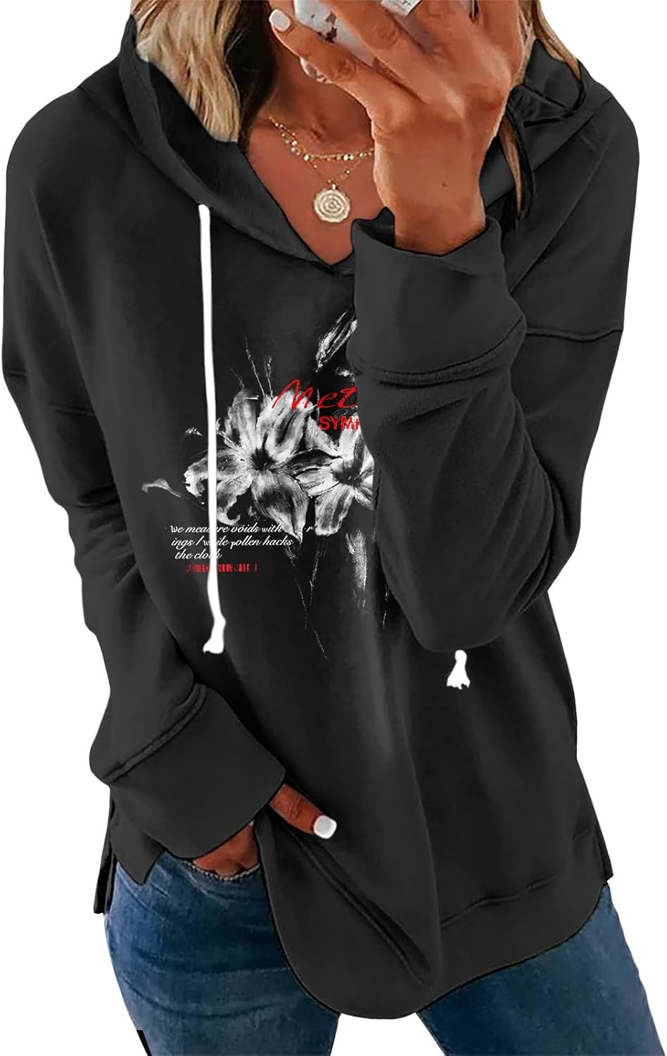 Women's Black Floral Hoodie - Cotton-Blend Pullover