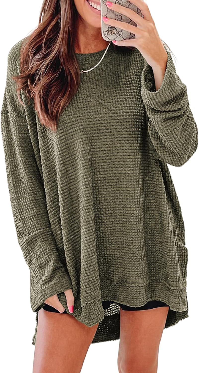 Women's Oversized Waffle Knit Crewneck Sweatshirt Cozy Fall