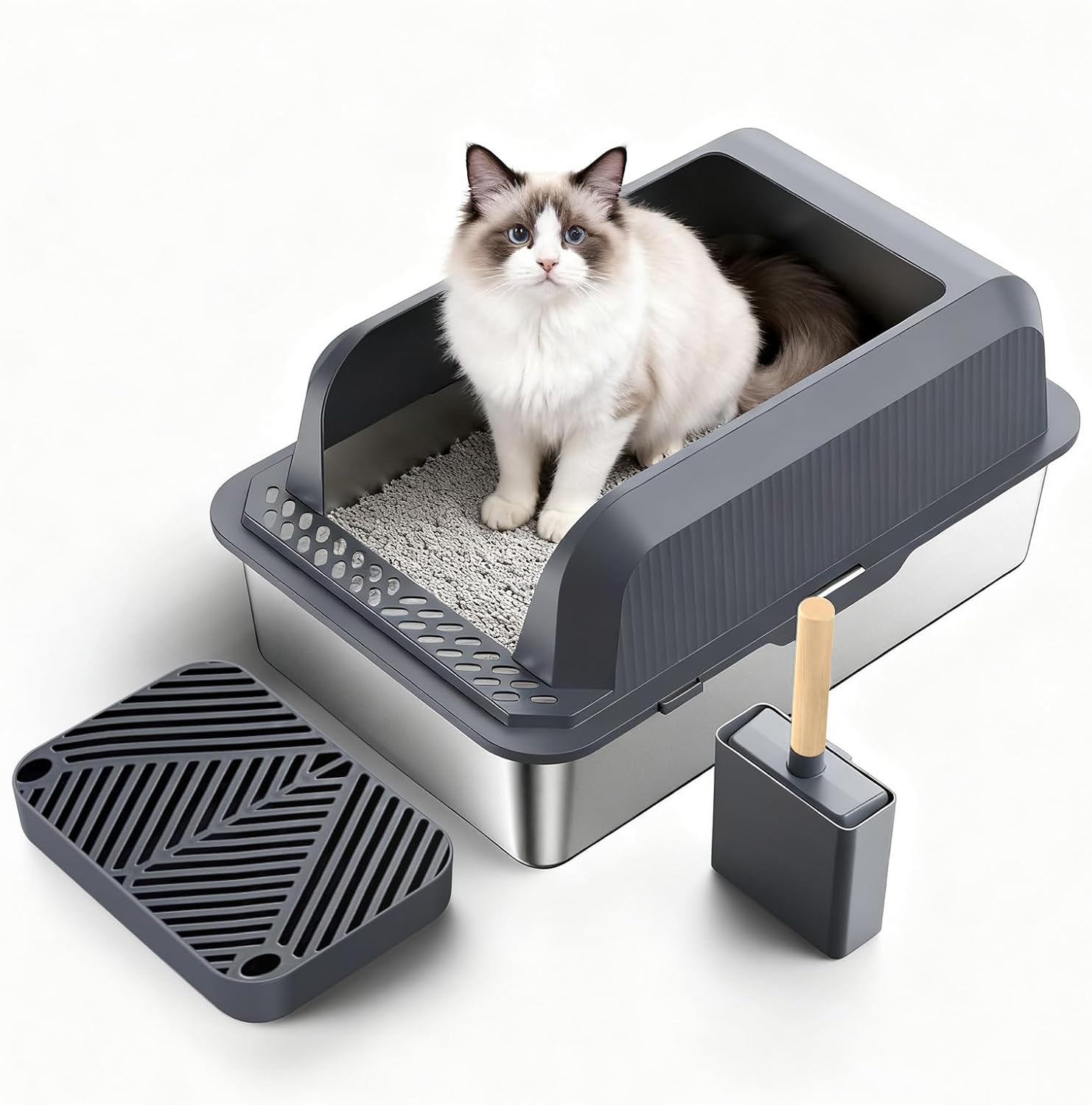Extra-Large Stainless Steel Cat Litter Box with Lid