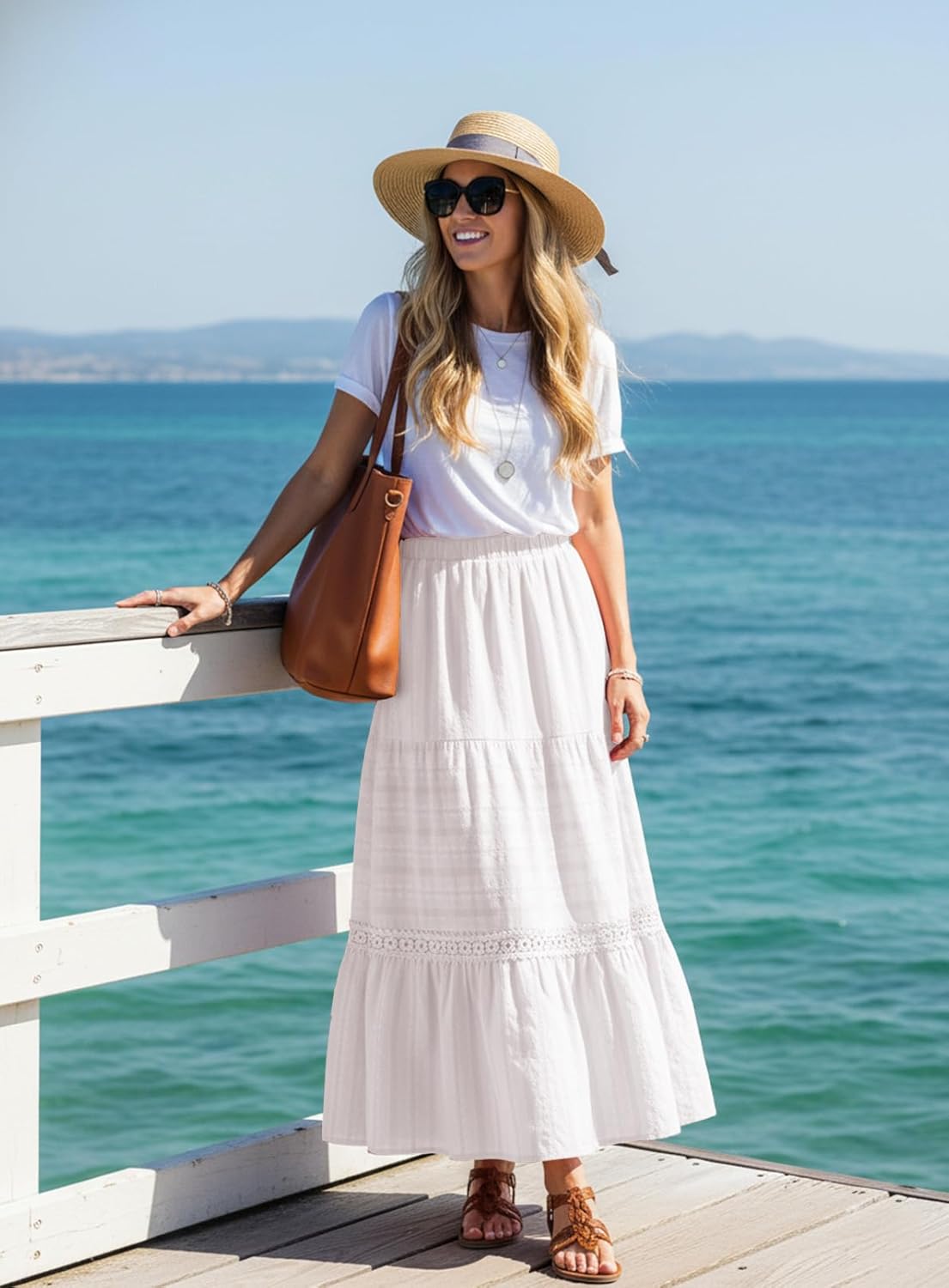 Women's Boho Crochet Lace High-Waisted Flowy A-Line Maxi Skirt