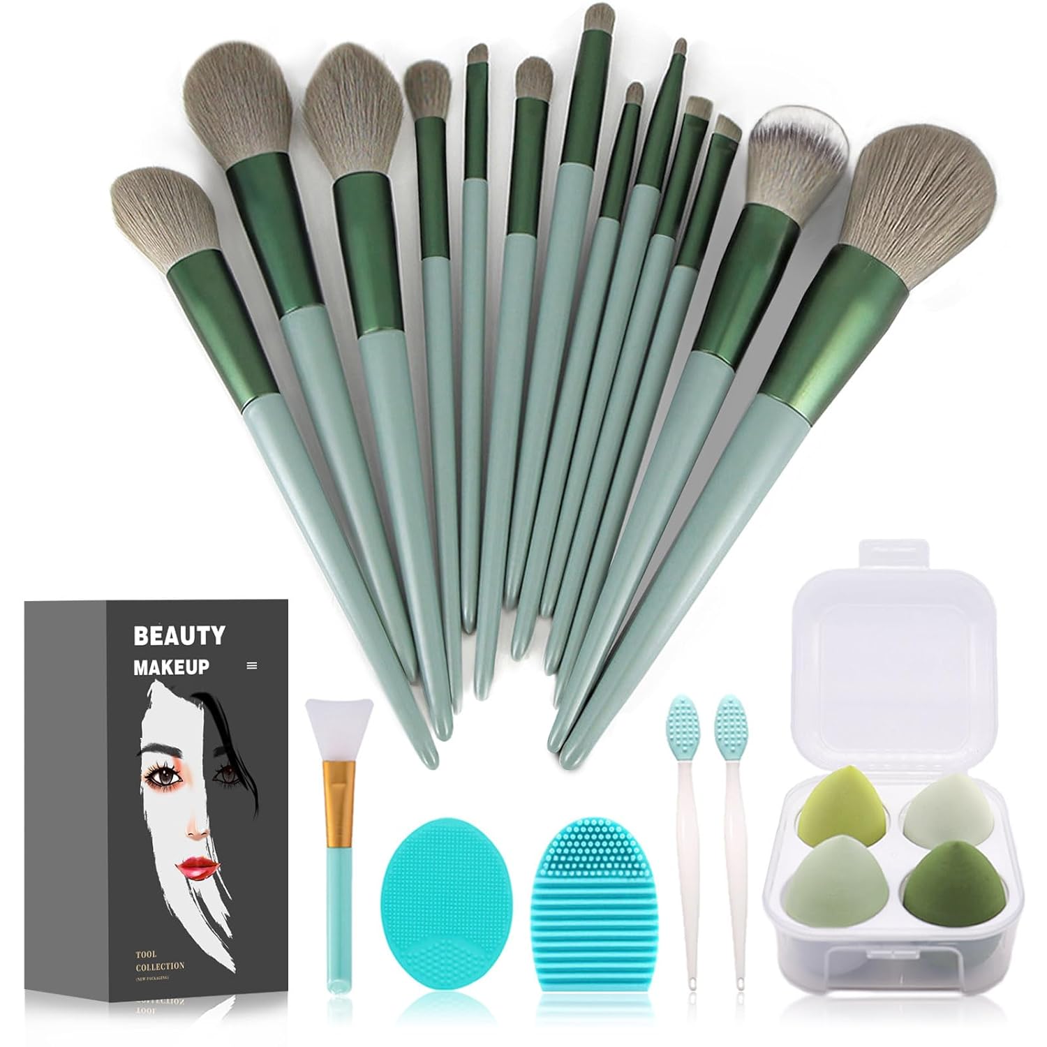 22-Piece Green Makeup Brush Set — Face & Eye Brushes
