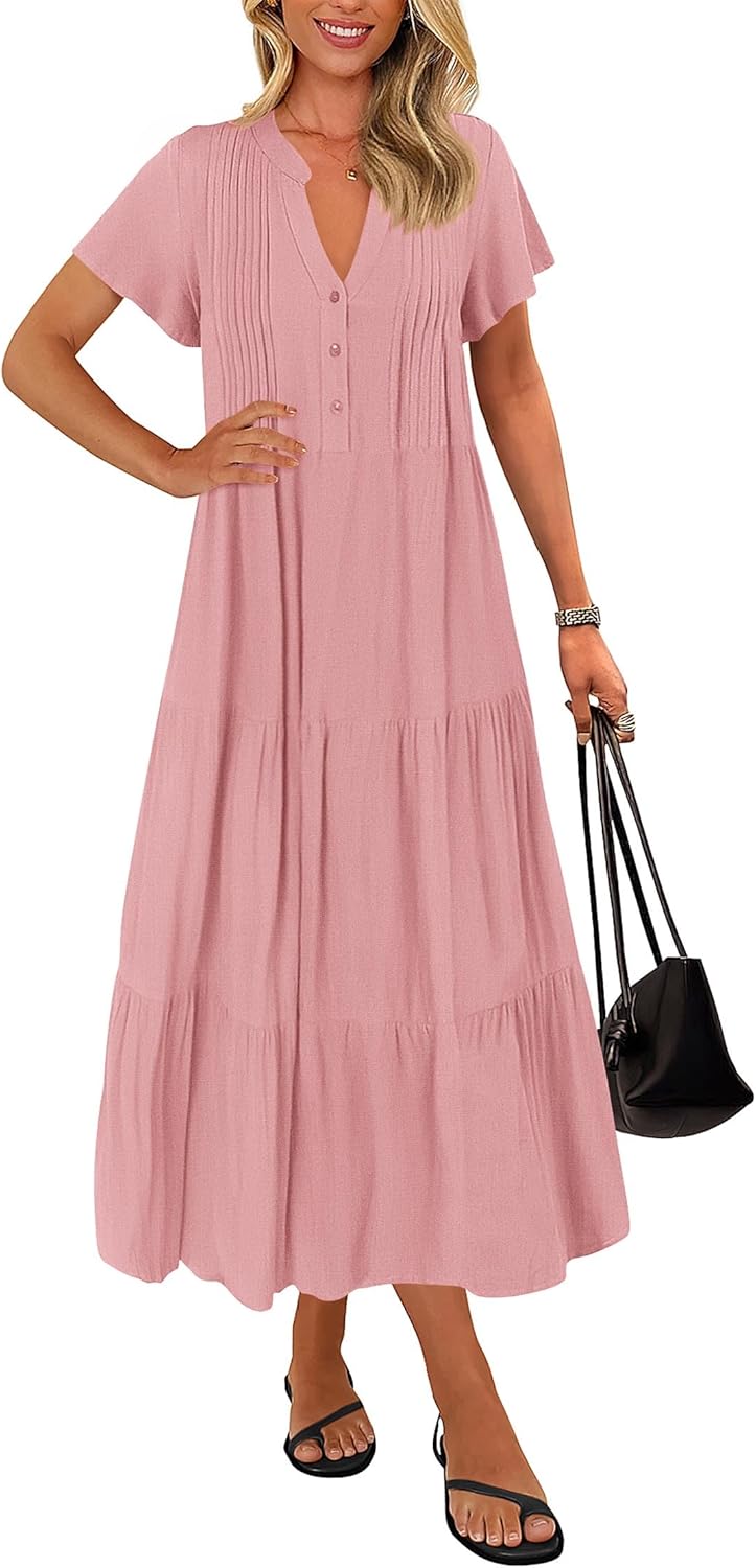 KIRUNDO Pleated Tiered Maxi Dress with V-Neck