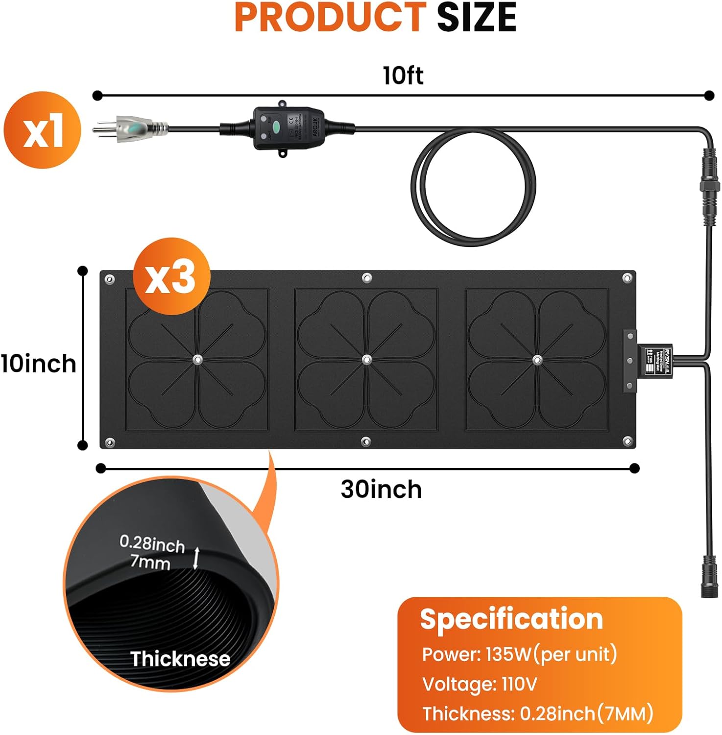 RVSNAIL 3-Pack Heated Snow Melting Mats, 10×30in Anti-Slip Rubber