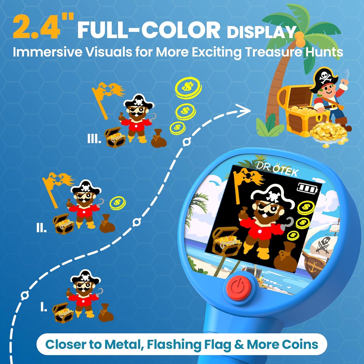 Kids Metal Detector with 2.4” Color LCD Display, Adjustable, Blue