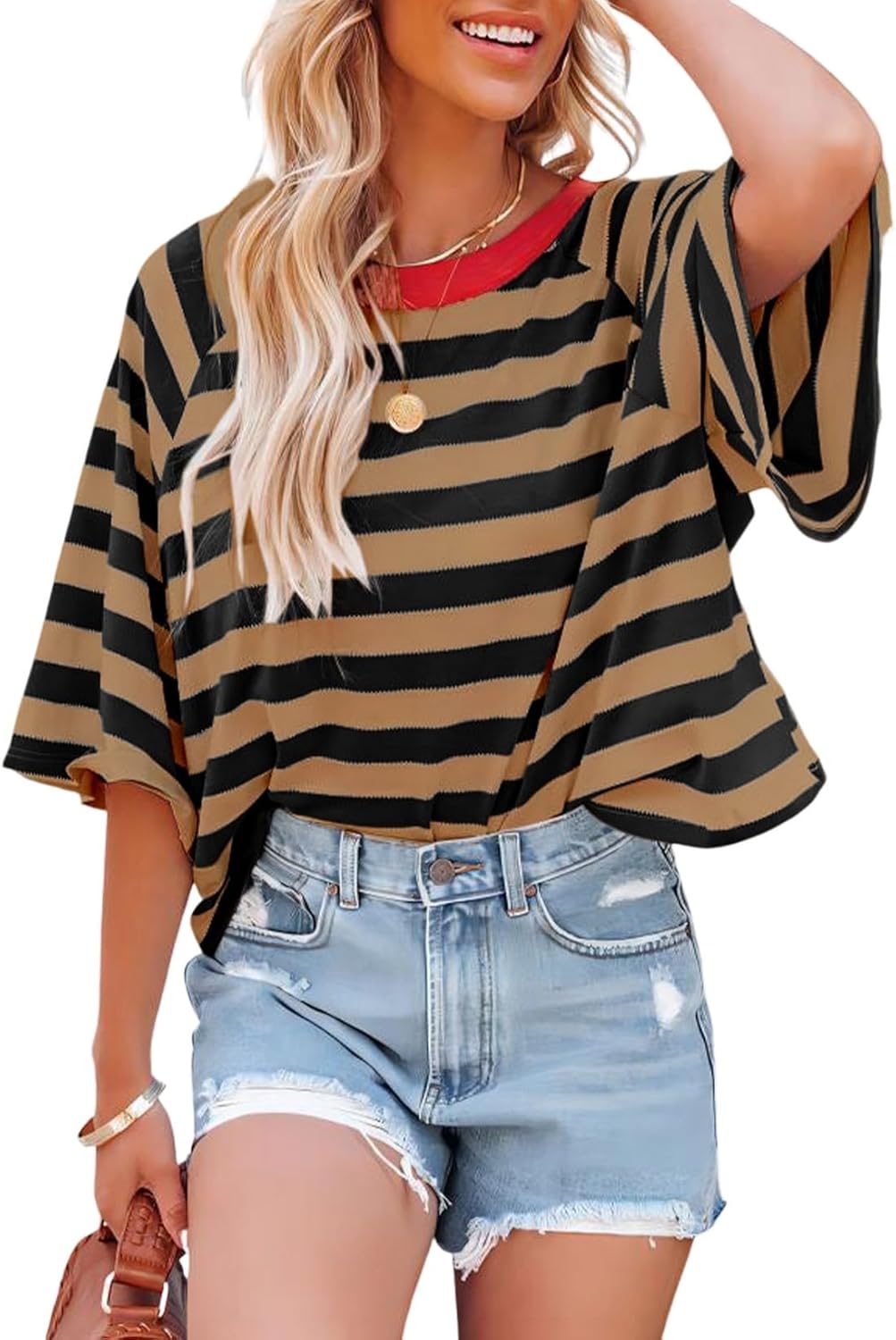 Striped Color Block Crewneck Loose Basic Tee for Women