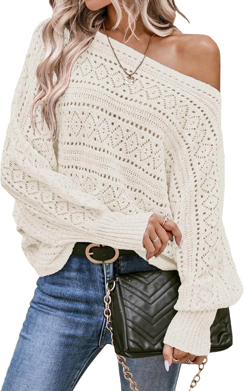 Crochet Boat Neck Long Sleeve Loose Fit Womens Sweater