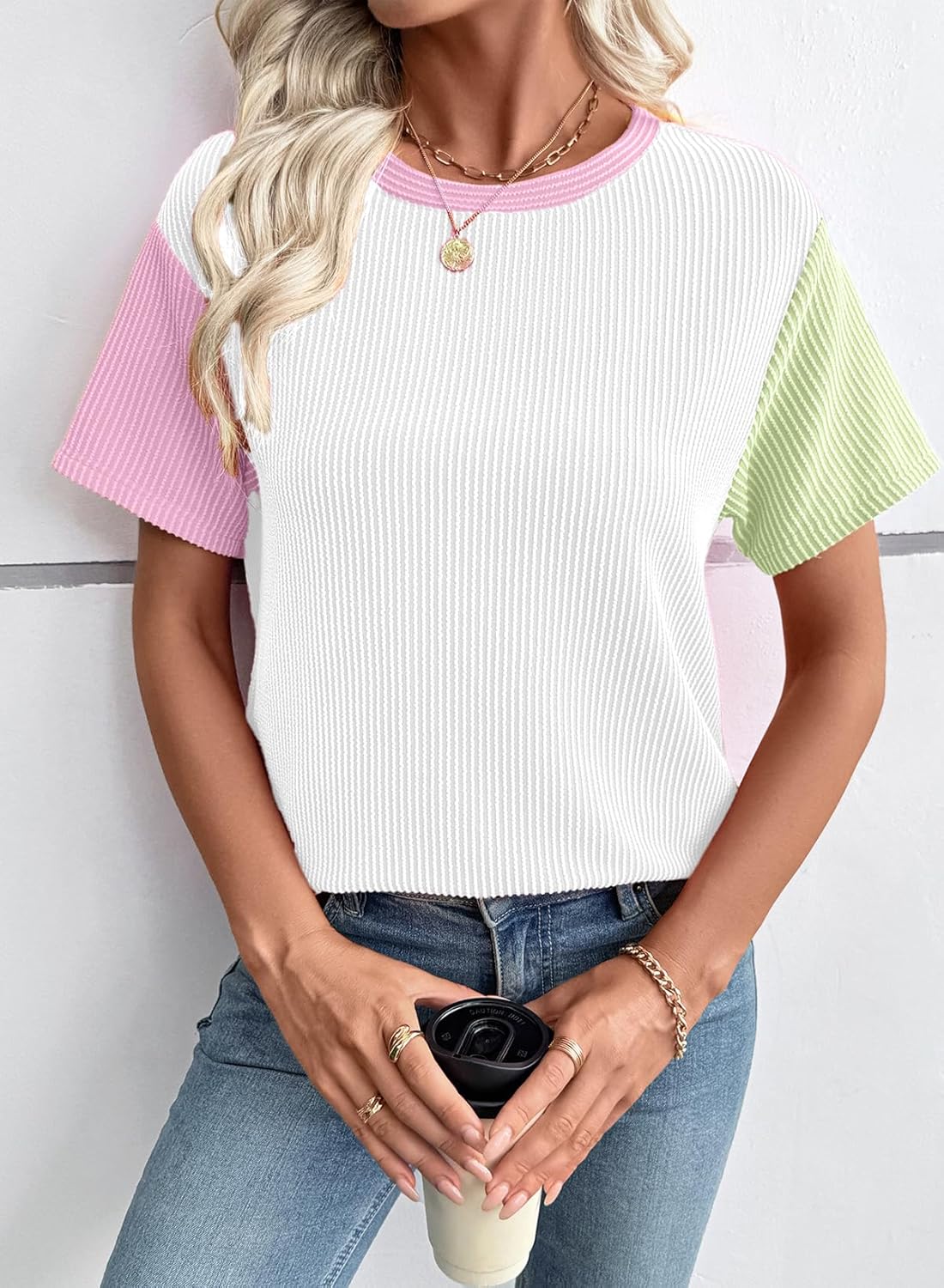 EVALESS Women's Ribbed Crewneck Color Block Tee