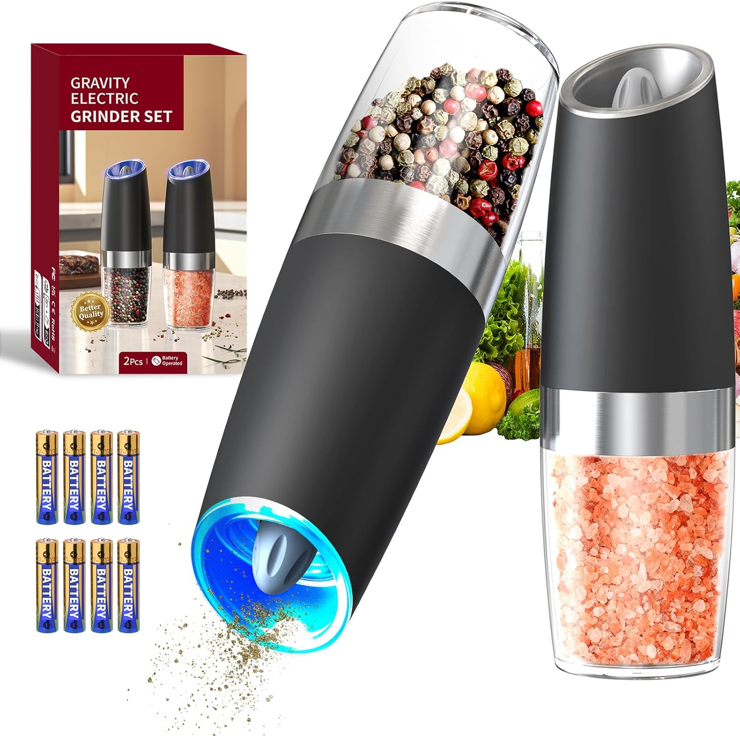 Electric Gravity Salt and Pepper Grinder Set Large Capacity