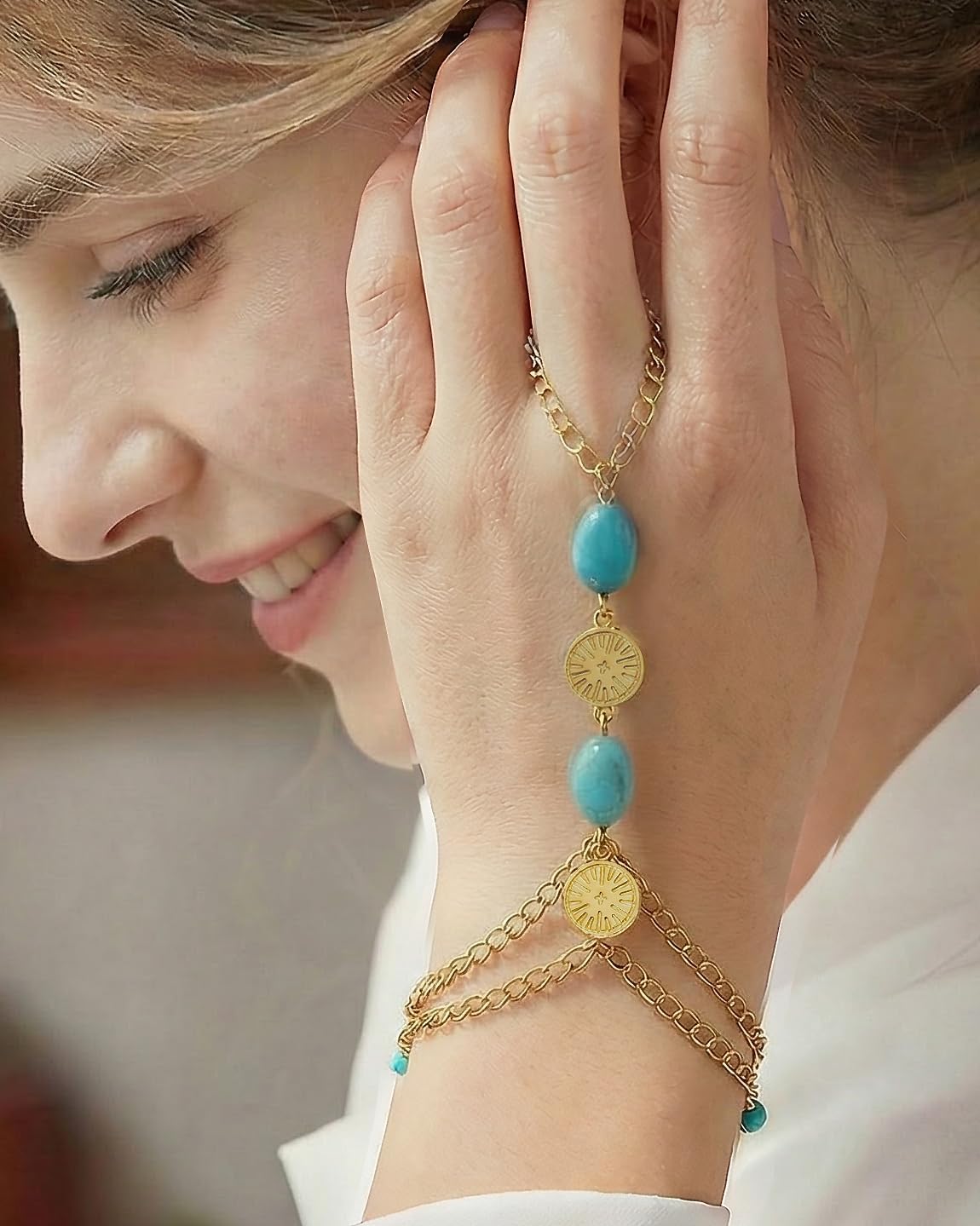 Turquoise Bracelet for Women 14K Gold Plated Adjustable Boho Stackable