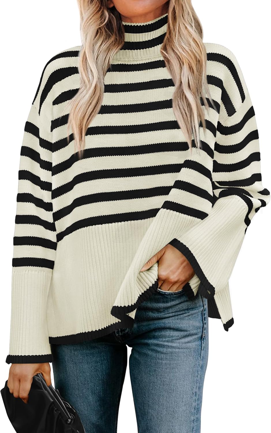 Women's Turtleneck Striped Side-Slit Loose Pullover Sweater