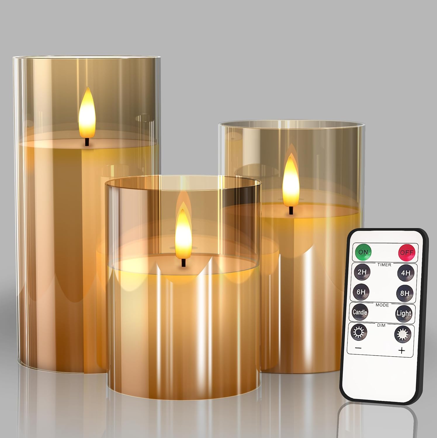 Glass Battery Operated LED Flameless Candles Set of 3 Gold