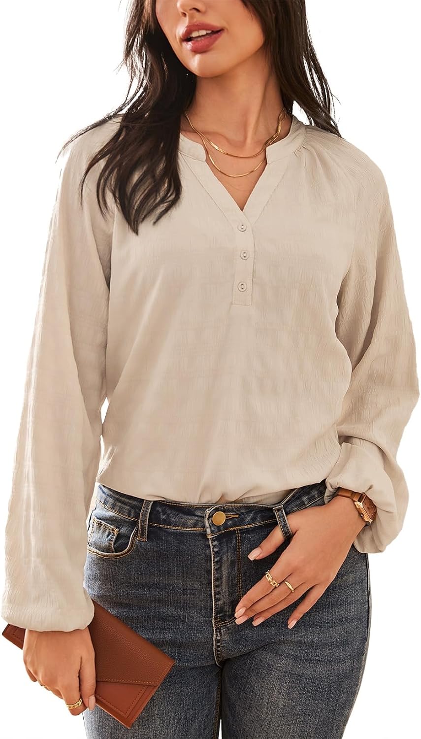 Dokotoo Women's Lantern Sleeve Button-Down Blouse