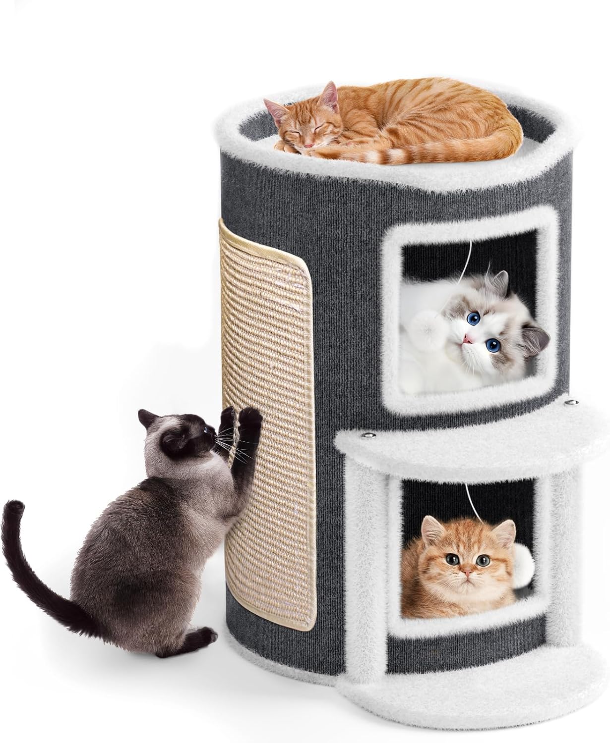Two-Story Grey Cat Condo with Scratch Pad & Hanging Toys