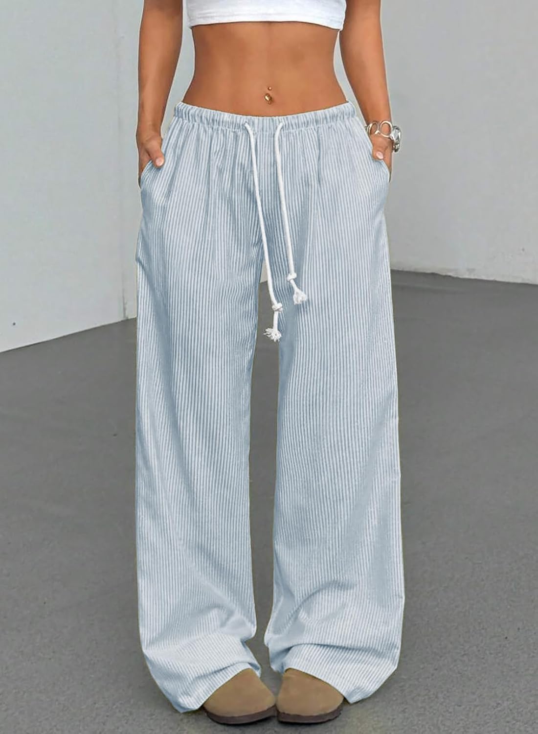 Plus Size Striped Wide-Leg Pants with Drawstring Waist