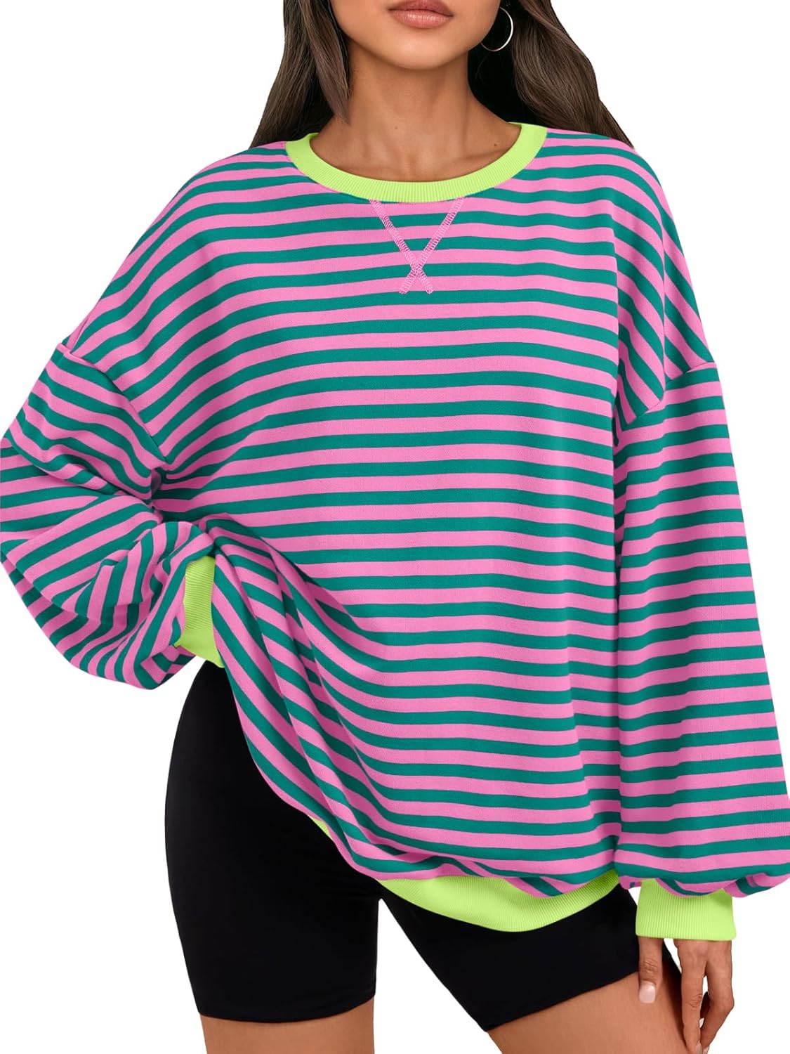 Oversized Striped Crewneck Sweatshirt Women Long Sleeve