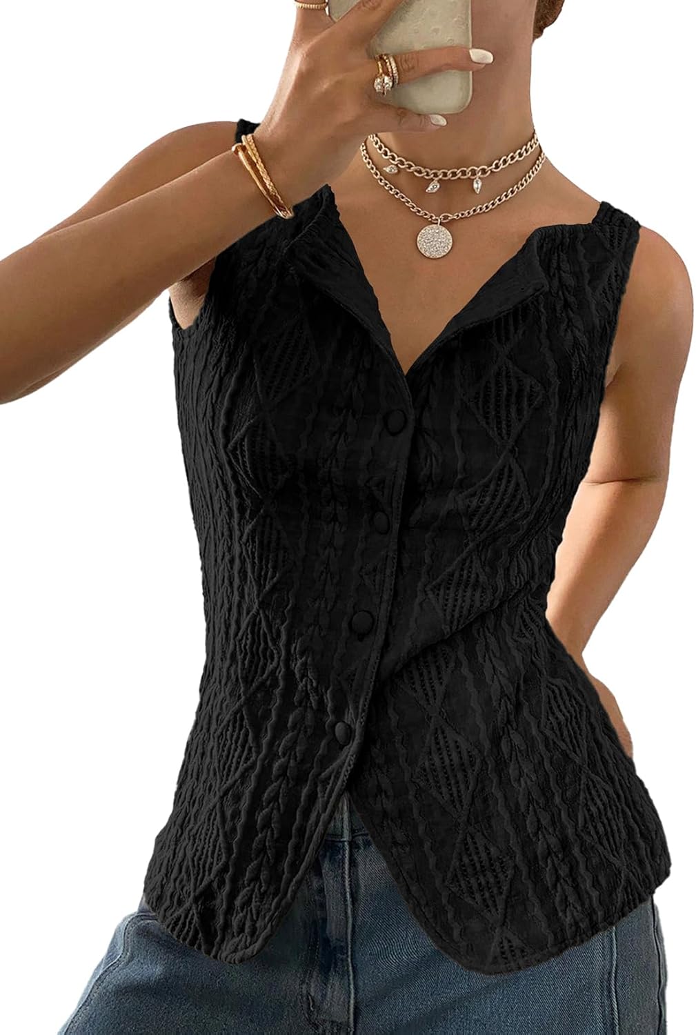 BLENCOT Slim Fitted Button-Up Jacquard Knit Vest Top