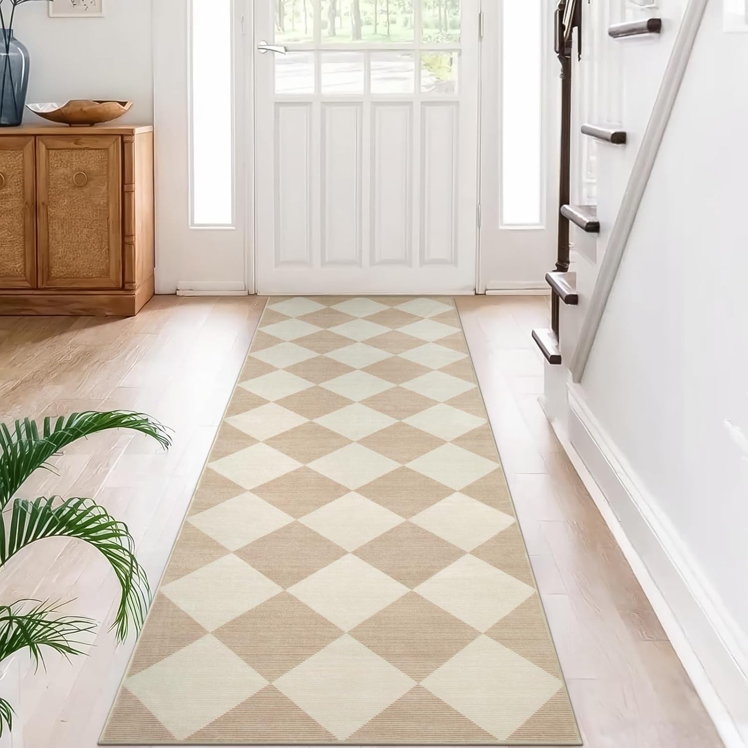 Checkered Runner Rug 2x6 Beige Thin Washable Non Slip