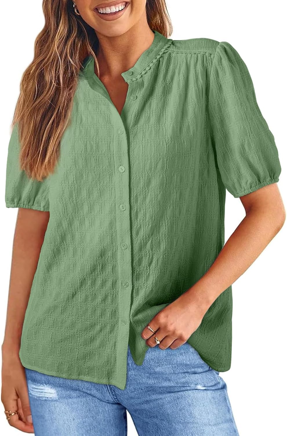 EVALESS Women's Puff Sleeve Button-Down V-Neck Blouse