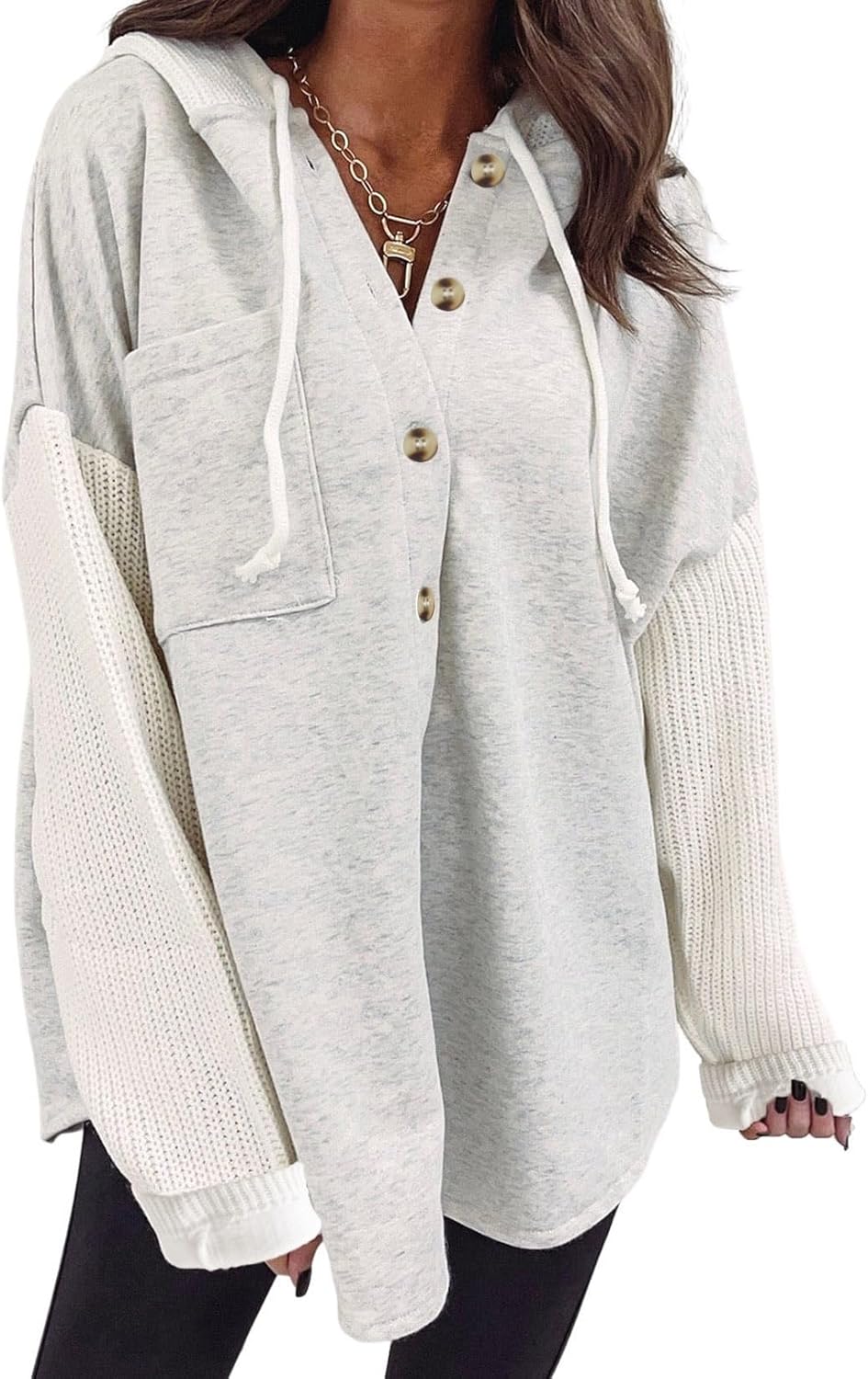 Oversized Women's Hooded Sweatshirt, Loose Button Front, Pockets