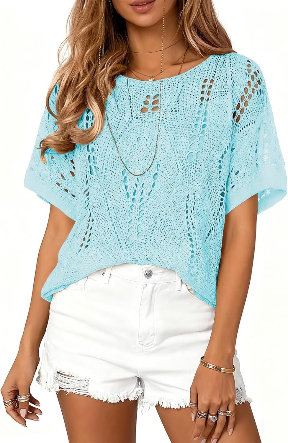 Plus-Size Crochet Hollow-Out Half-Sleeve Beach Cover-Up (1X–5X)