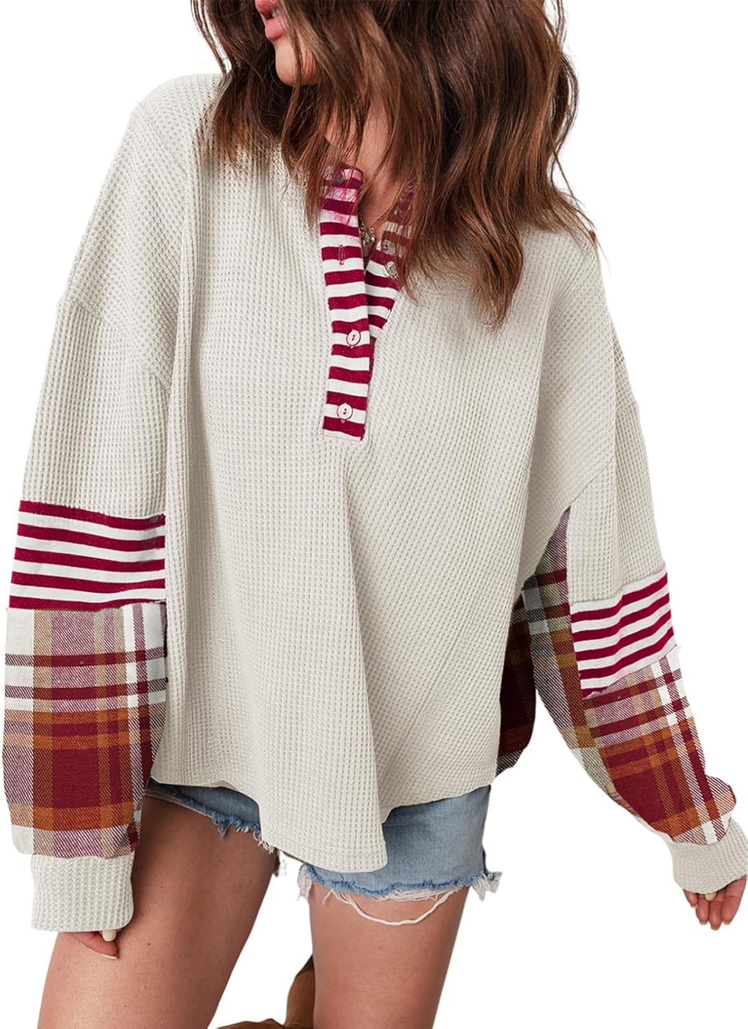 Acelitt Women's Color Block Waffle-Knit V-Neck Top