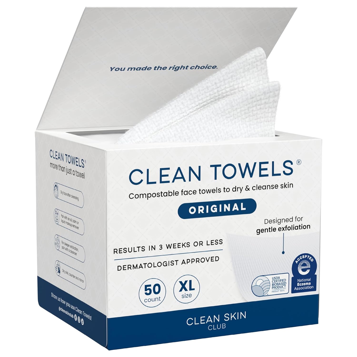 XL Disposable Biobased Face Towels, Makeup Remover, 50ct