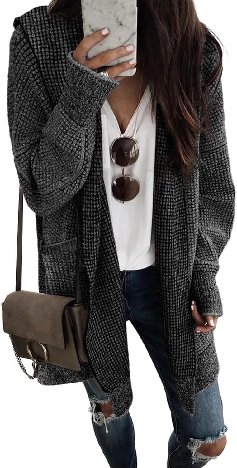 Sidefeel Women's Oversized Hooded Plaid Chunky Knit Cardigan