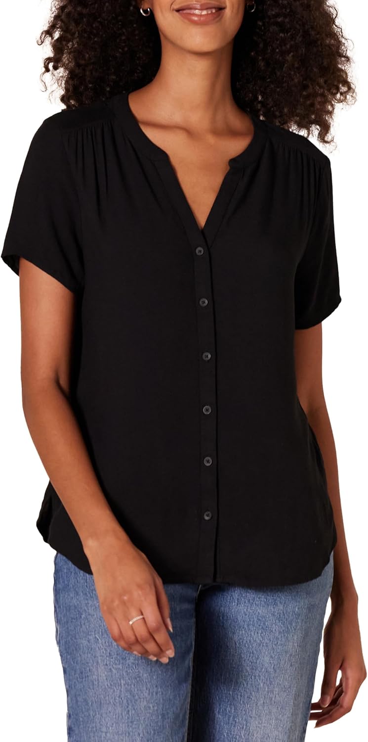 Relaxed Fit Short Sleeve Woven Blouse for Women Casual