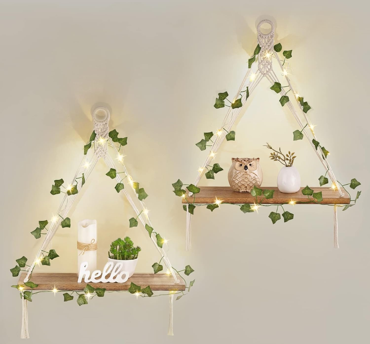 Artificial Ivy Macrame Hanging Shelves with Lights Set of 2