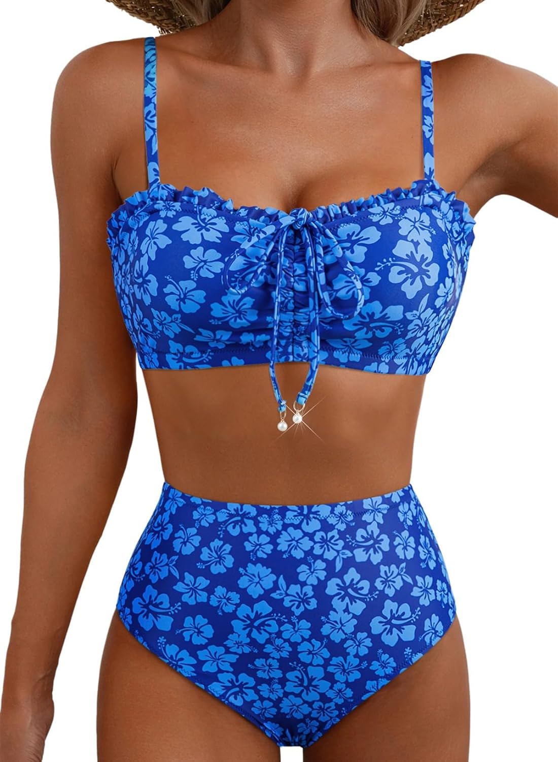 Women's Floral Lace-Up Front High-Waist Bikini Set