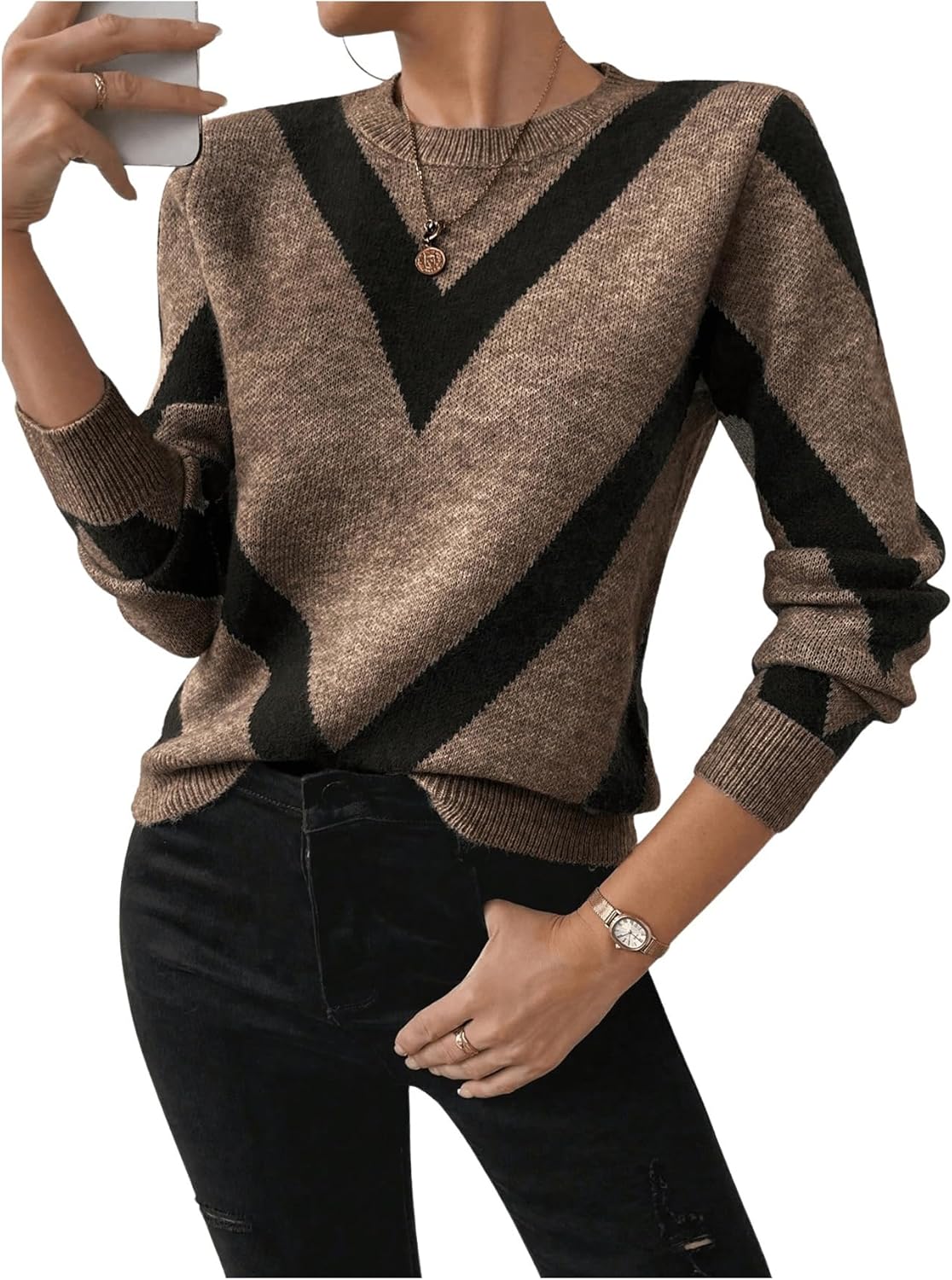 Women's Chevron Knit Crewneck Sweater Cozy Pullover