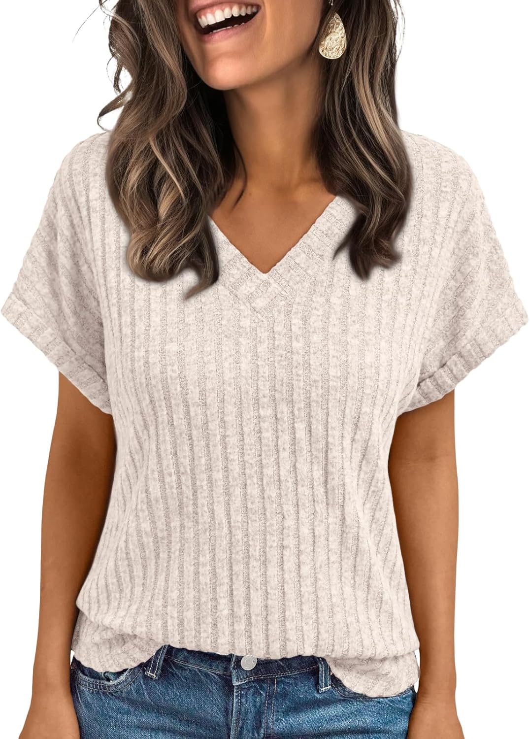 Womens V Neck Short Sleeve Knit Top Casual Dressy Tee