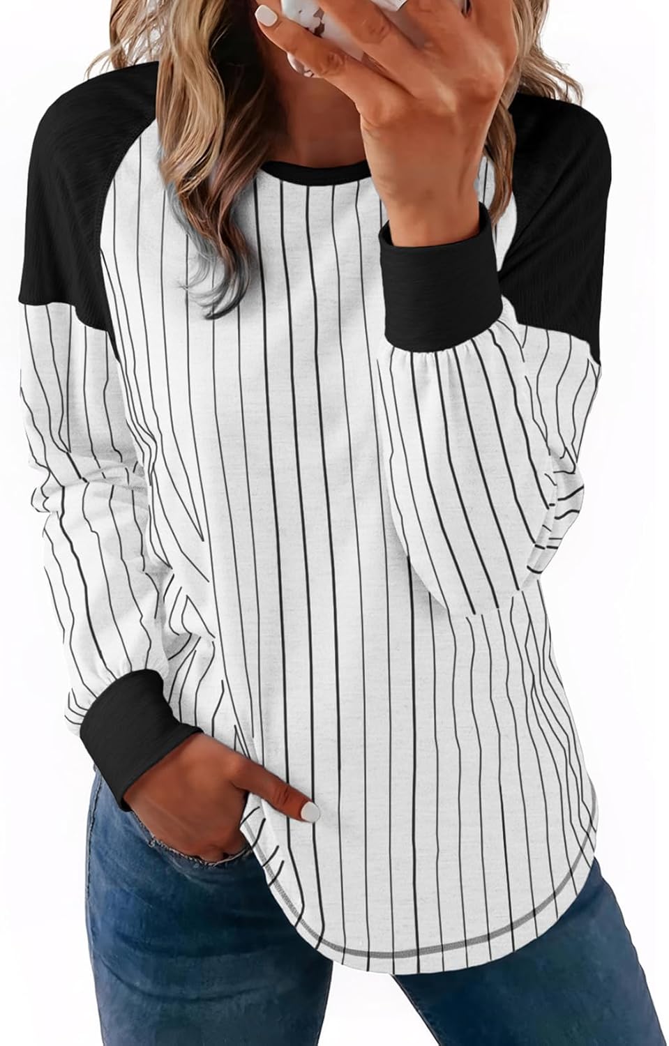 Acelitt Women's Striped Long-Sleeve Crewneck Pullover