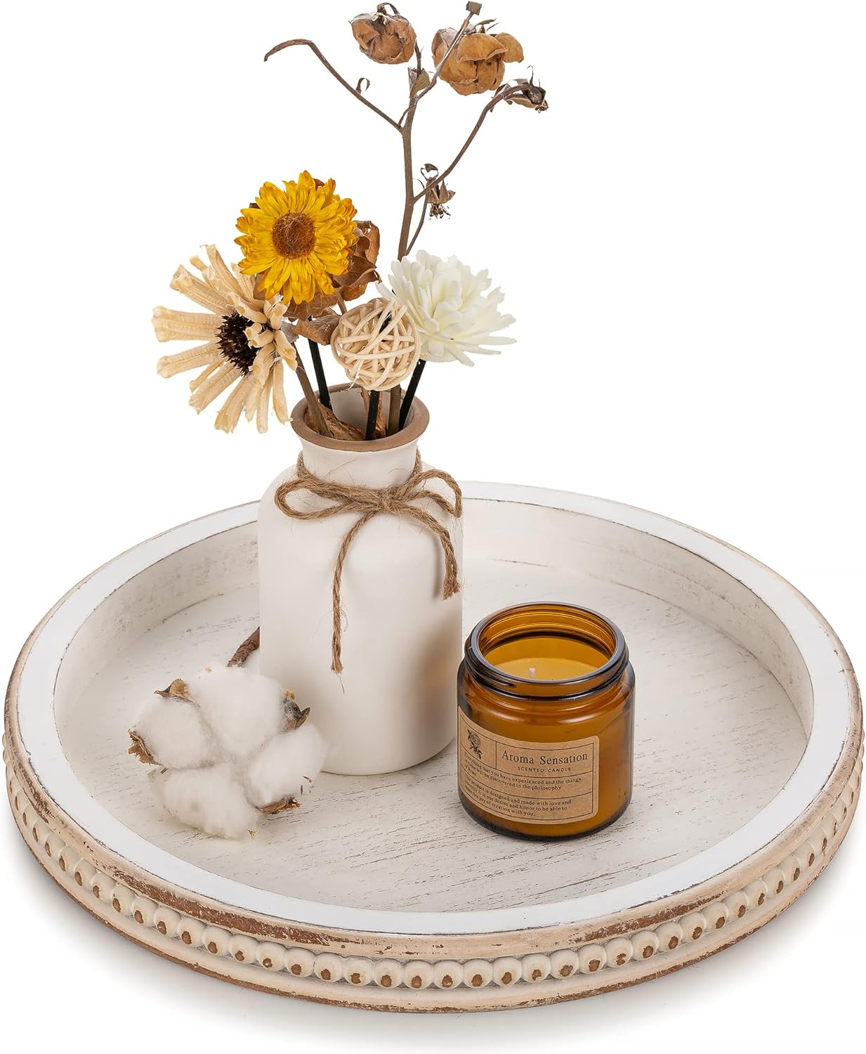 Round Whitewashed Wooden Bead Tray for Coffee Table