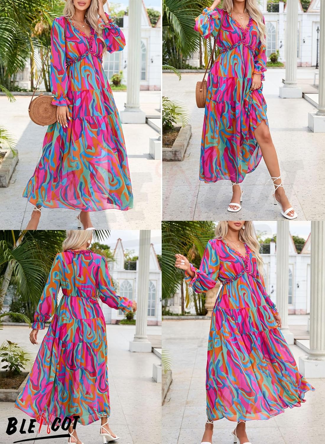 Maxi Dress Casual Boho Floral V-Neck Long Sleeve Spring Summer