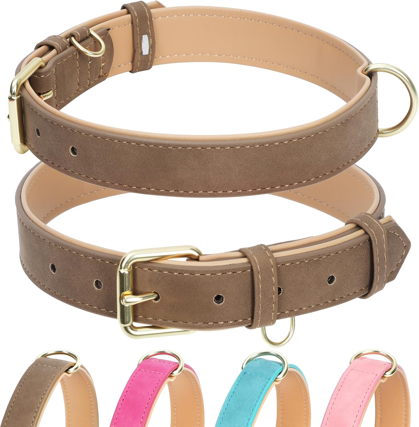 Padded PU Leather Dog Collar with Gold Buckle, Medium