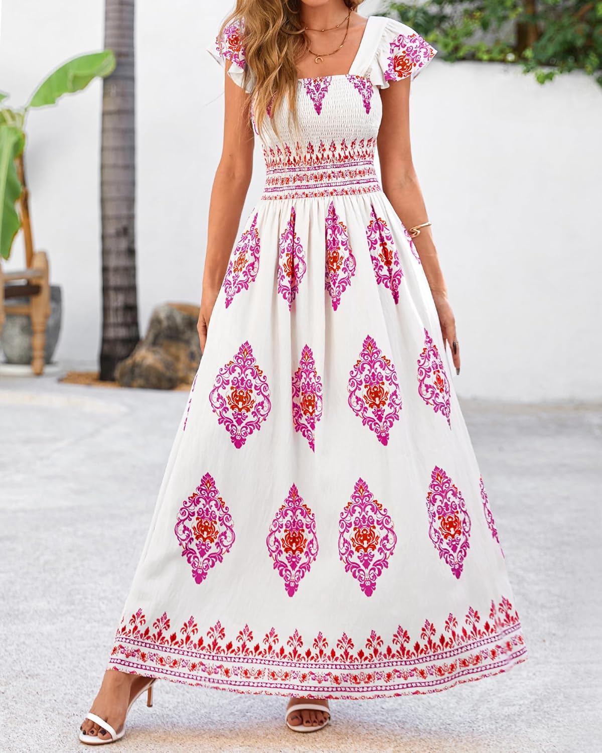 Floral Smocked Boho Sleeveless Maxi Dress with Pockets