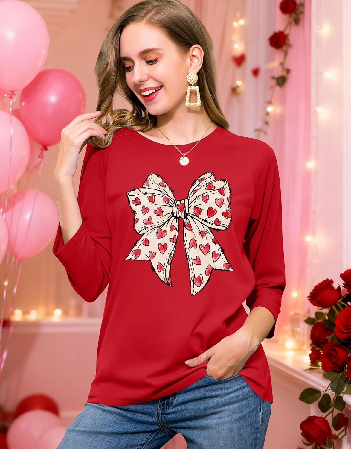 Women's 3/4 Sleeve Heart Graphic Tee for Valentine's Day