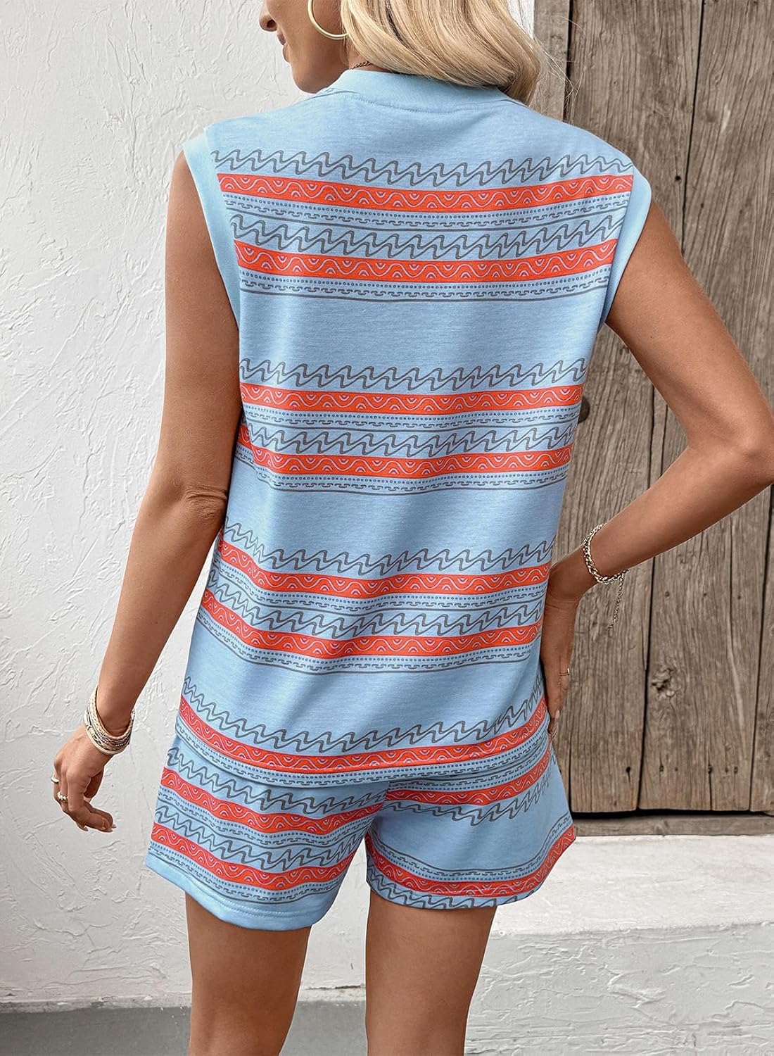 Striped Women's Sleeveless V-Neck Top & Tie-Waist Shorts Set