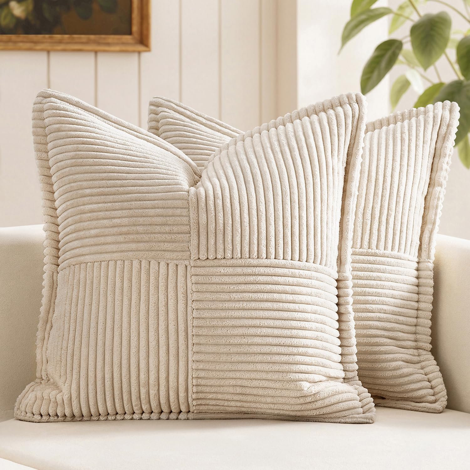 Set of 2 Beige 18x18 Corduroy Striped Patchwork Pillow Covers